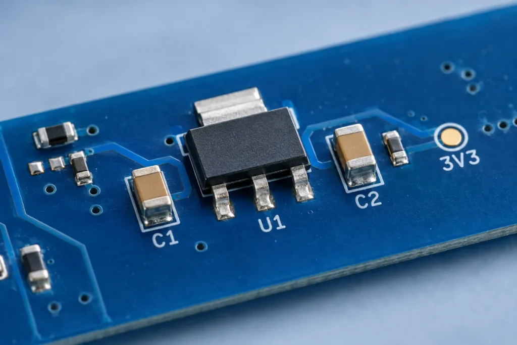 Conceptual illustration of an LDO regulator with nearby input and output capacitors