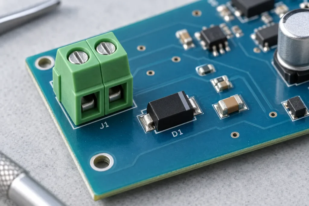 Conceptual illustration of a TVS protection device beside a board input connector