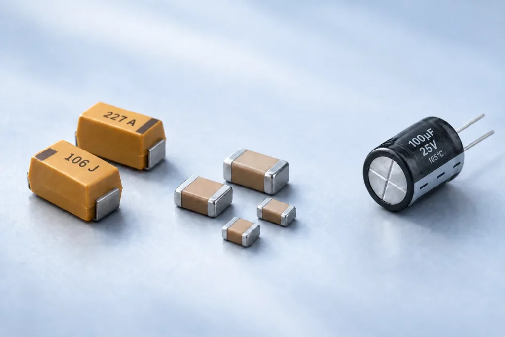 Illustration of tantalum, ceramic and aluminum electrolytic capacitor types